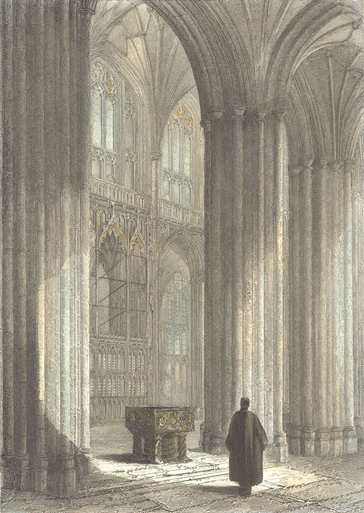 Associate Product WINCHESTER. Cathedral nave, font Wykeham's Monument 1836 old antique print