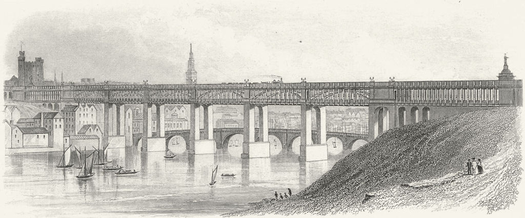 DURHAM. High level bridge Newcastle. Blackie 1850 old antique print picture
