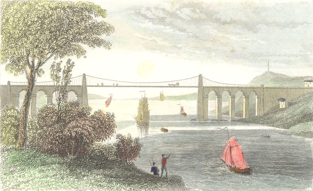 BANGOR. Suspension bridge, Caernarfonshire. DUGDALE 1835 old antique print