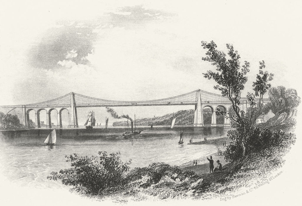 WALES. Menai Suspension bridge. Newman ships 1850 old antique print picture