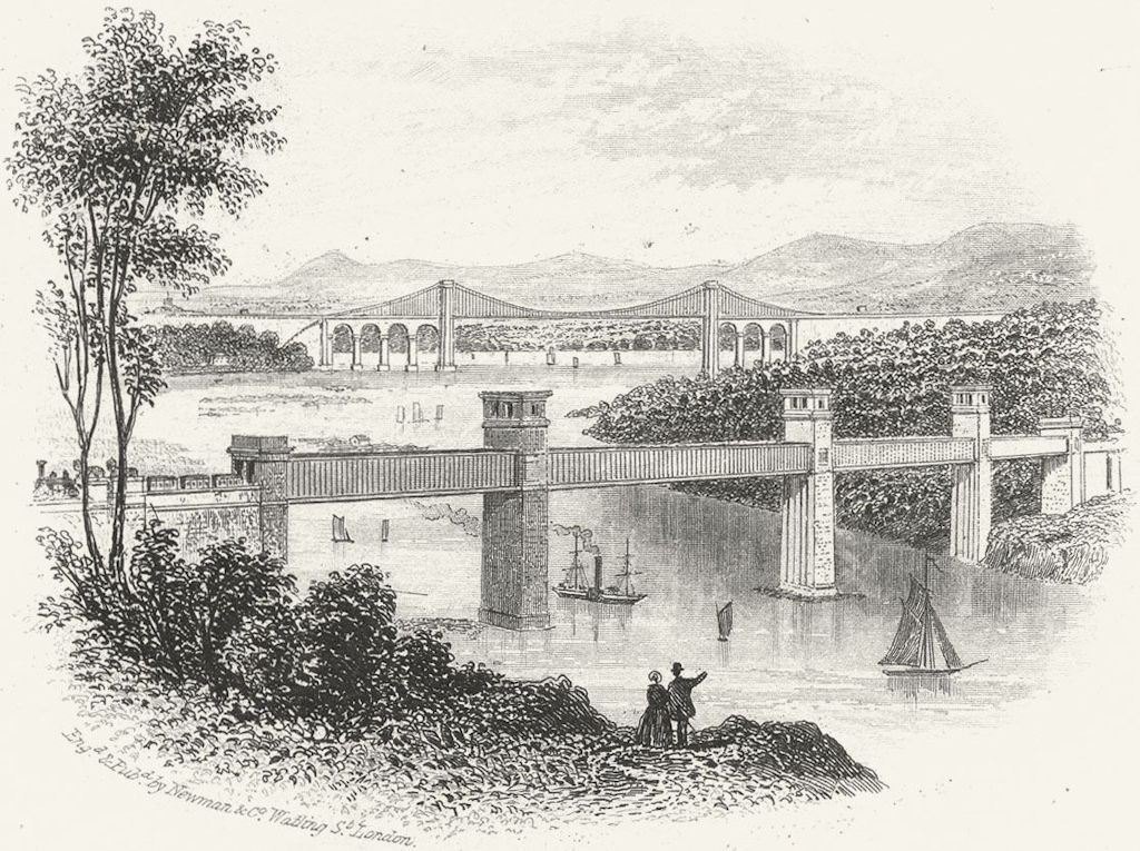 WALES. Britannia Tubular & Menai bridges. ships 1850 old antique print picture