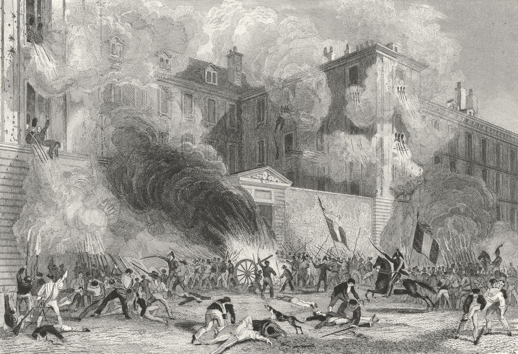 PARIS. Caserne Suisse, Rue Babylone, 1830. Battle 1834 old antique print