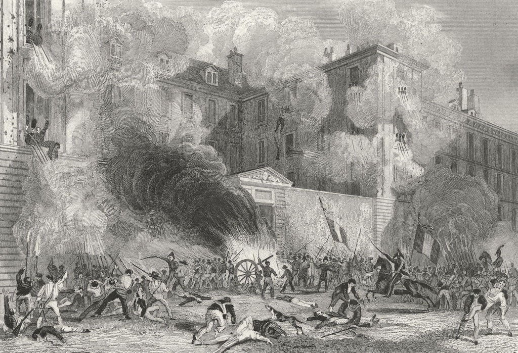 PARIS. Caserne Suisse, Rue Babylone, 1830. Battle 1828 old antique print