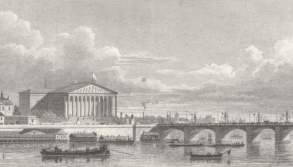 Associate Product PARIS. Chambre Députés Pont Louis XVI. boat bridge 1828 old antique print