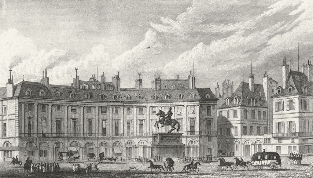 Associate Product PARIS. Place Victoires. Pugin Carriages Statue 1828 old antique print picture