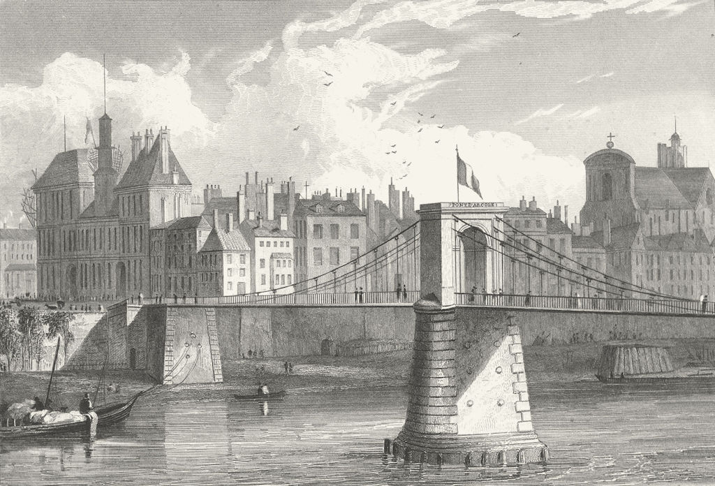 PARIS. Pont D'arcole. river boat bridge Flag 1834 old antique print picture
