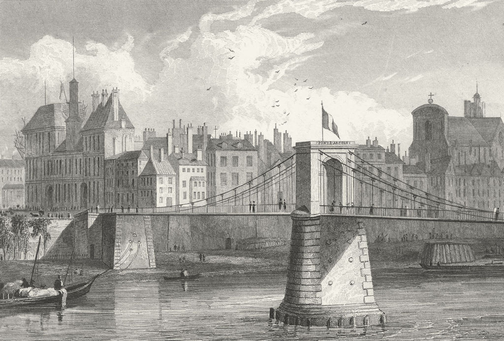 Associate Product PARIS. Pont D'arcole. river boat bridge Flag 1828 old antique print picture