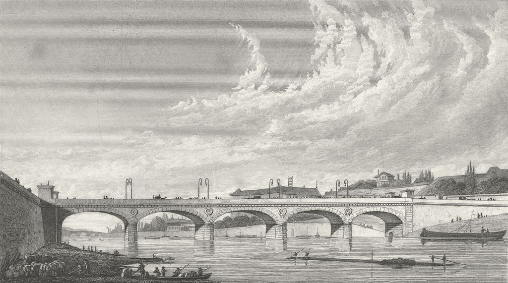 PARIS. Pont de Jena. Pugin river bridge boats 1828 old antique print picture