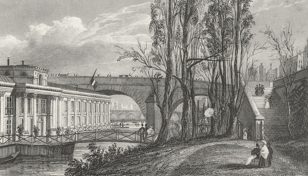PARIS. Bains Vigier, Pont Royal. Pugin bridge Flag 1828 old antique print