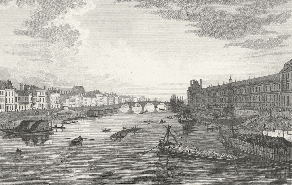 PARIS. View Pont Arts. France. Pugin river boats 1828 old antique print