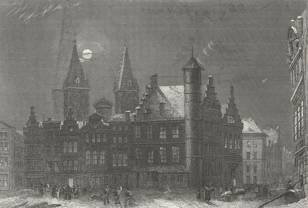 Associate Product BELGIUM. Freitagsmarkt Gent. Wolff. (Ghent)Moonlight 1844 old antique print