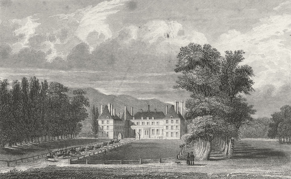 PARIS. Chateau Rosny. horse dog coach lake 1828 old antique print picture