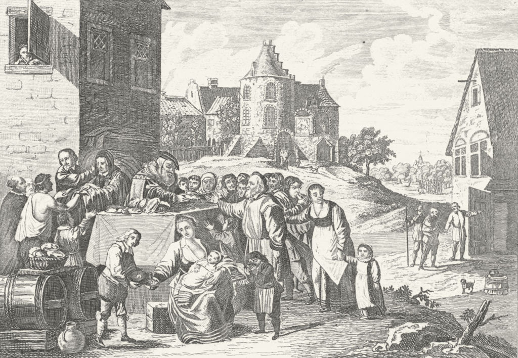 SOCIETY. Handing out food in village c1800 old antique vintage print picture