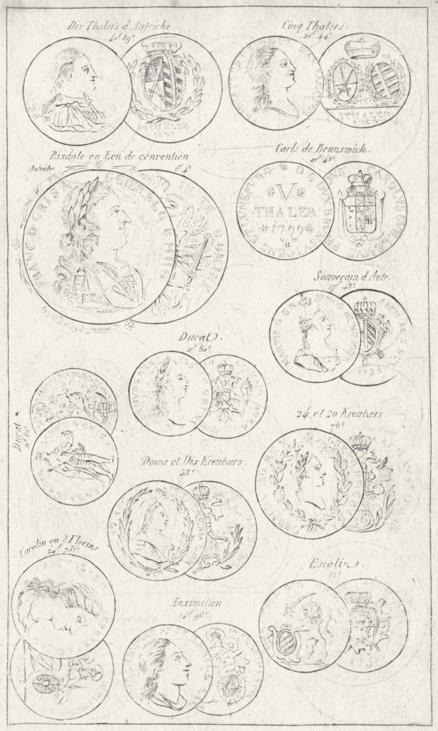 COINS. Austria Thaler Brunswick Escalin Ducat 1823 old antique print picture