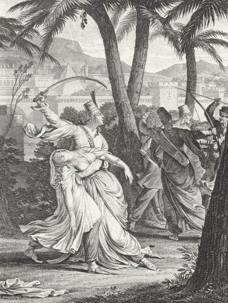 ZADIG. Lady fainted swords bow arrow Babylon c1800 old antique print picture