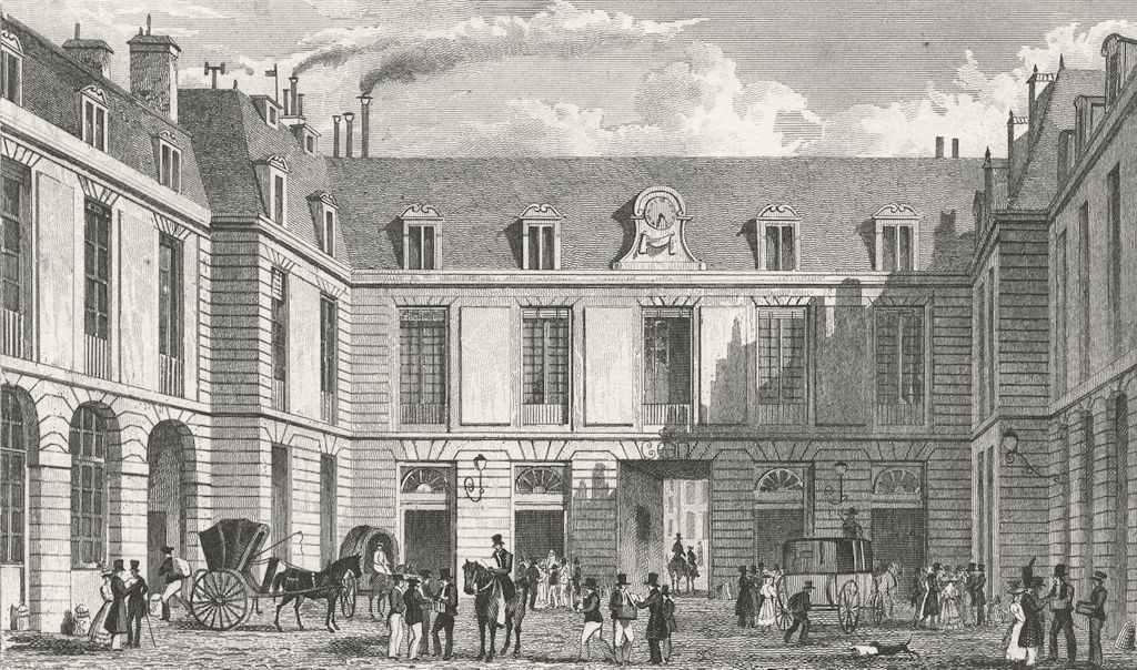 PARIS. Bureau de Poste, Rue JJ Rousseau Carriages 1828 old antique print