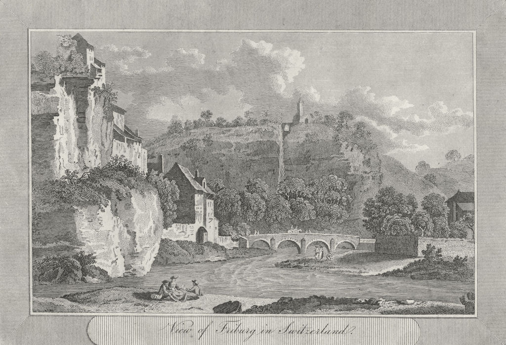 Associate Product SWITZERLAND. Friburg in. Sparrow view river bridge 1827 old antique print