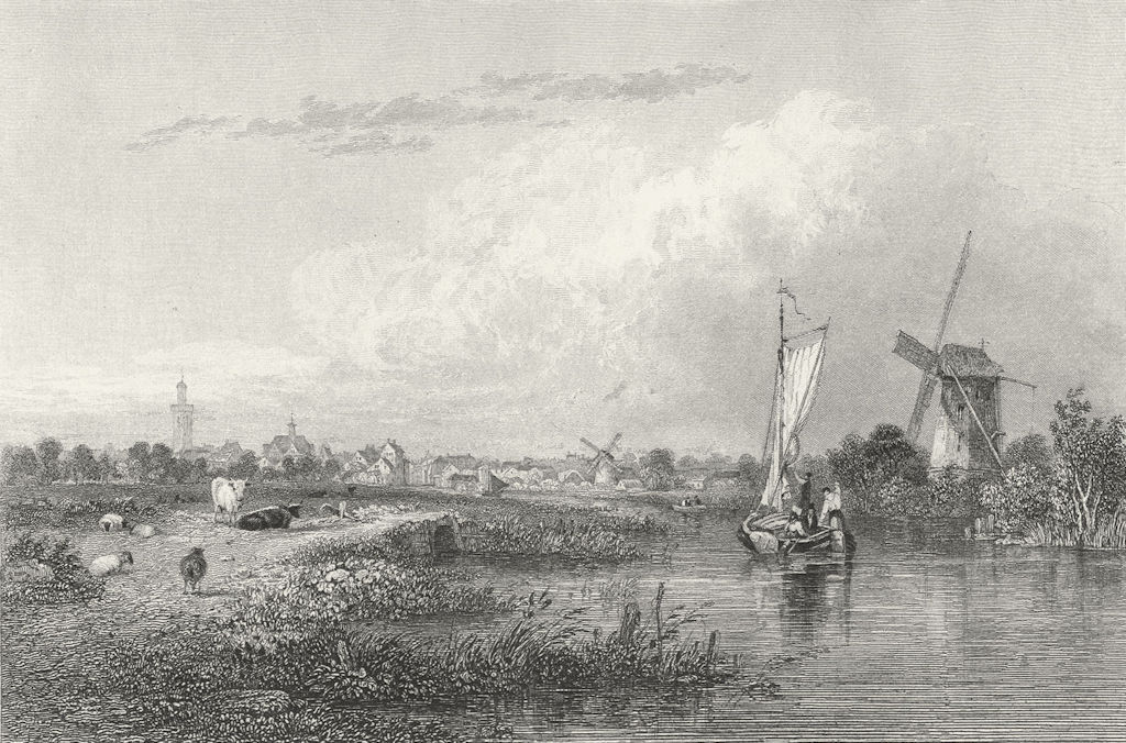 THE HAGUE. Hague. Fullarton boats Windmills-Finden 1858 old antique print