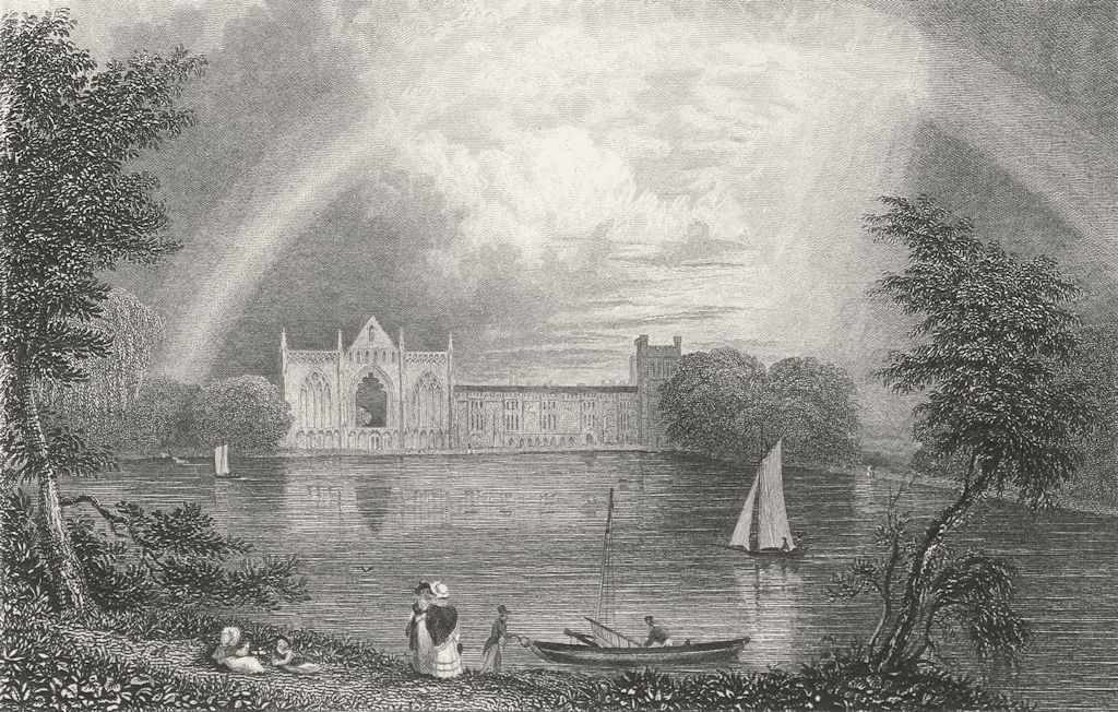NOTTS. Newstead Abbey. Fullarton lake boats-Finden 1850 old antique print