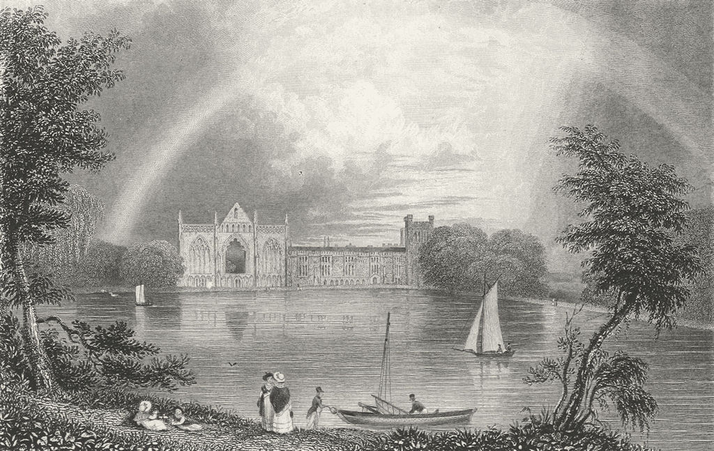 NOTTS. Newstead Abbey. Fullarton lake boats-Finden 1850 old antique print