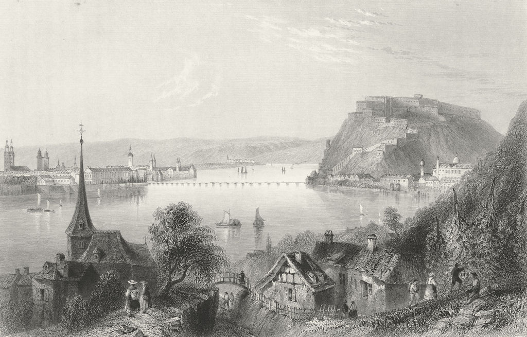KOBLENZ. & Ehrenbreitstein, Rhine. EHRENBREITSTEIN 1841 old antique print