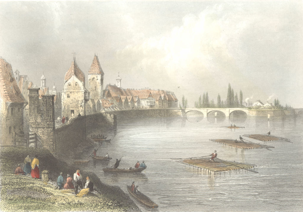 GERMANY. Walls bridge Ulm. river Rafts building 1842 old antique print picture