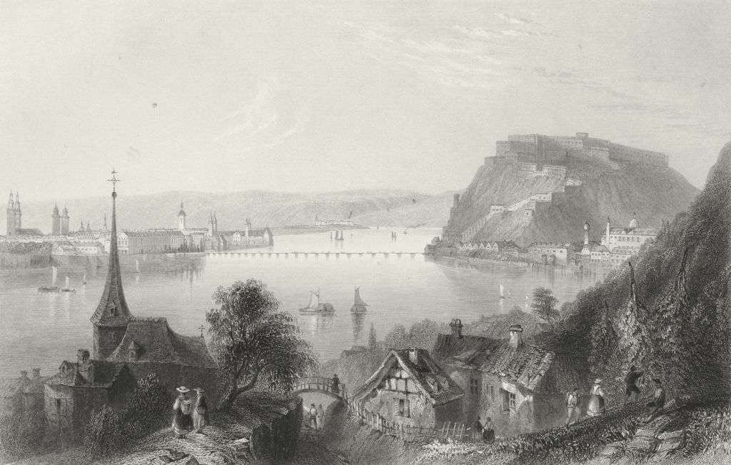 KOBLENZ. & Ehrenbreistein, Rhine. Wright-Bartlett 1840 old antique print