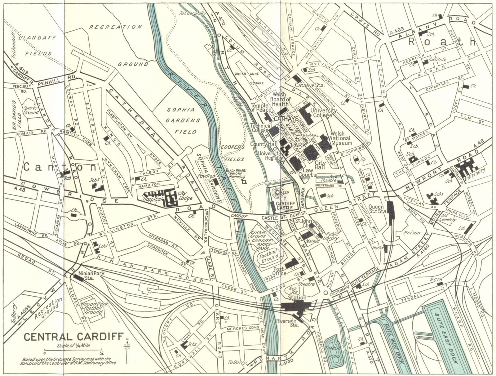 CENTRAL CARDIFF vintage town/city plan. WARD LOCK 1963 old vintage map chart