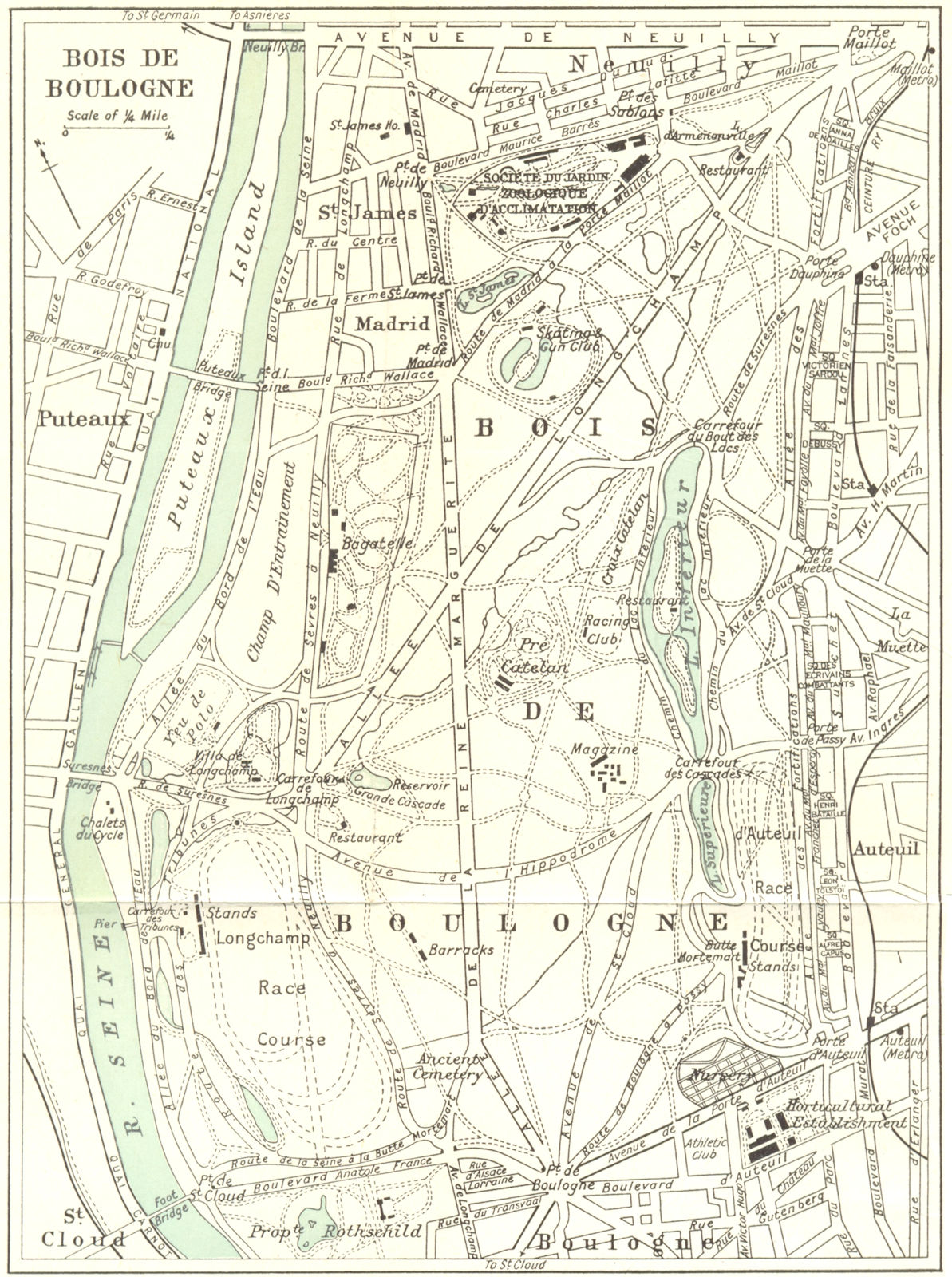 BOIS DE BOULOGNE vintage plan. Paris. WARD LOCK 1965 old vintage map chart