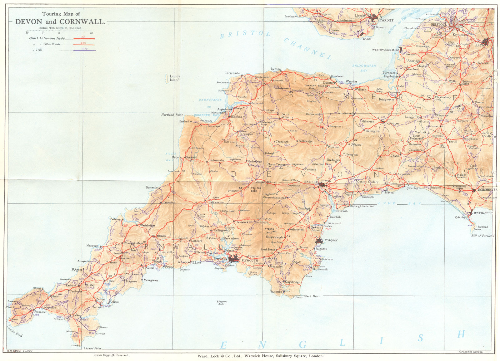 Associate Product TOURING MAP OF DEVON AND CORNWALL. South West England. WARD LOCK 1934 old