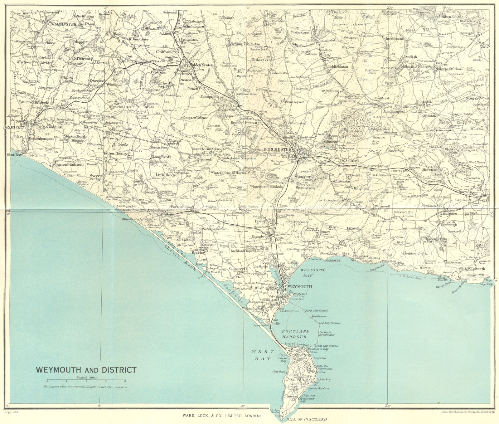 Associate Product WEYMOUTH environs. Chesil Beach Portland Dorchester Bridport. Dorset 1950 map