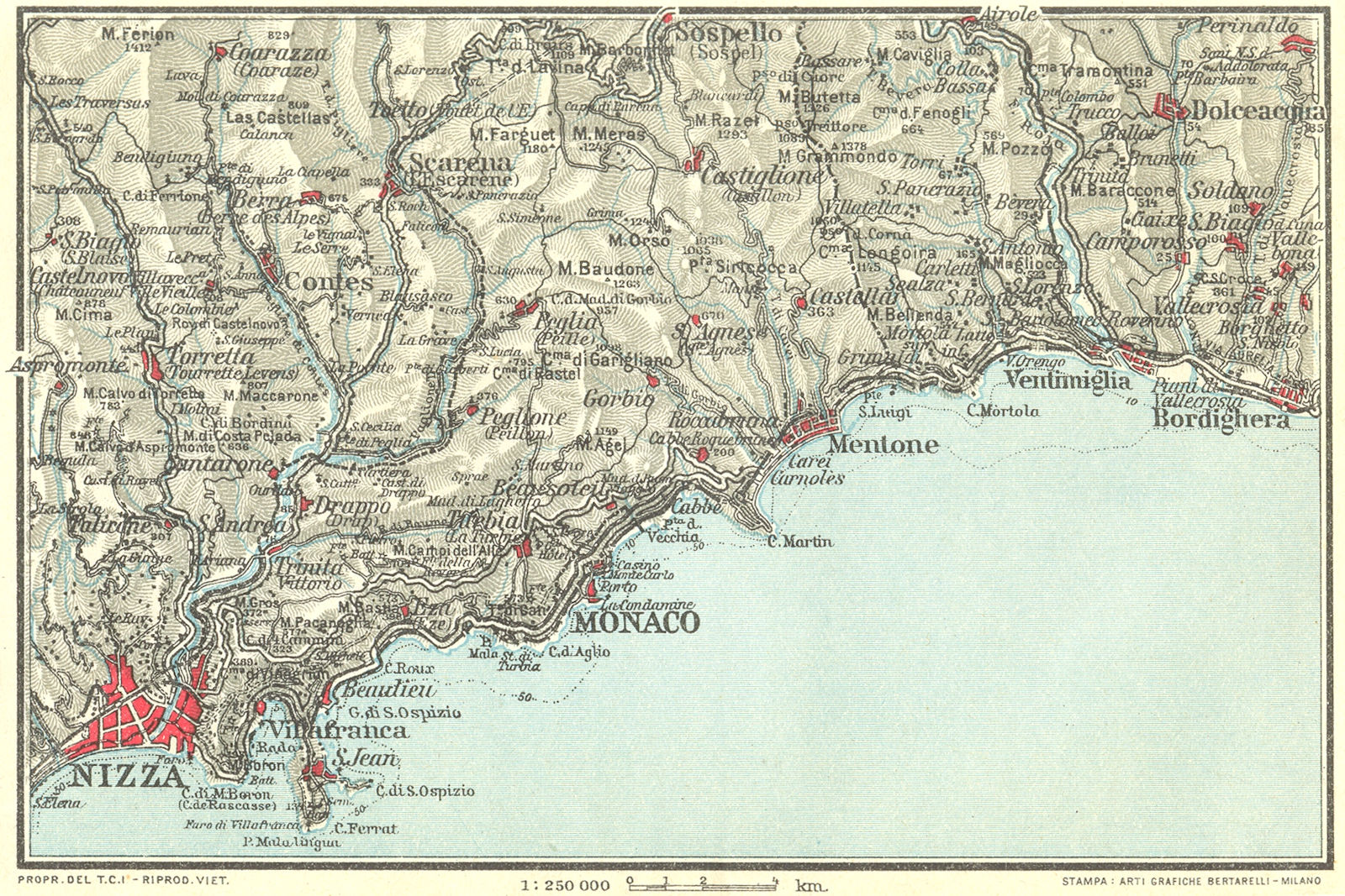 CÔTE D'AZUR. Nizza (Nice) Nice Monaco Menton Bordighera Villefranche 1927 map