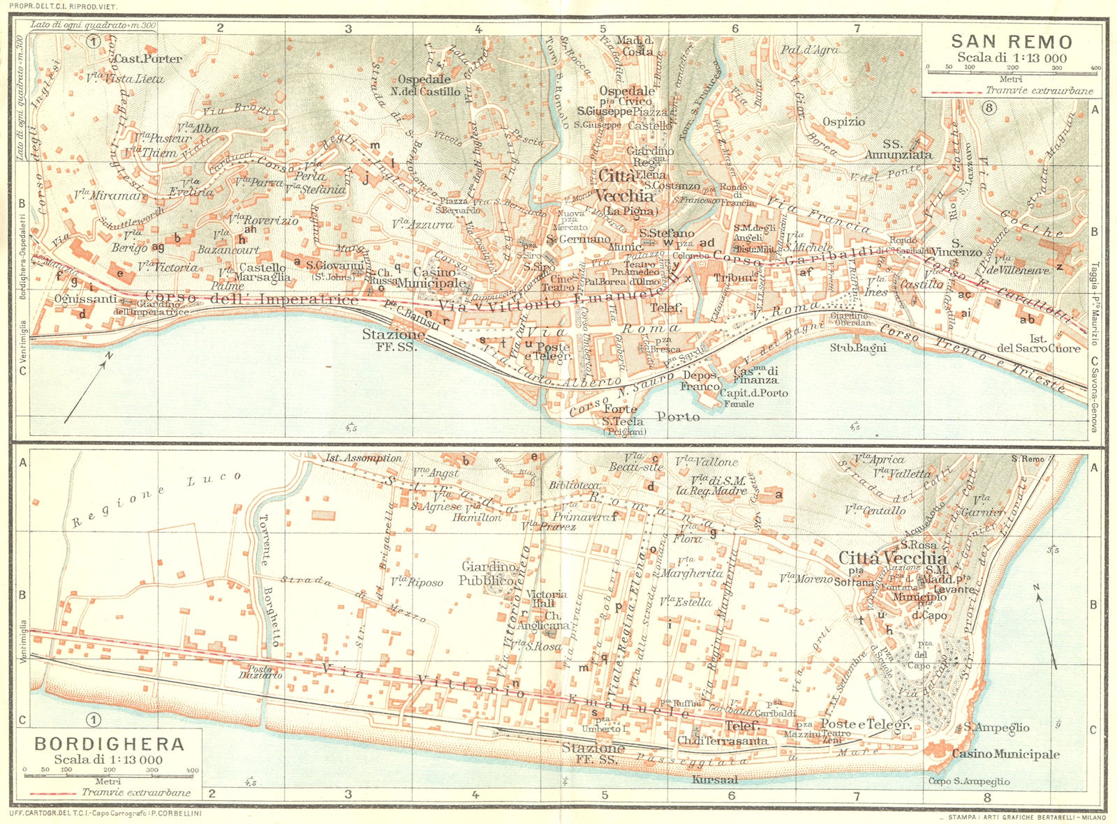 SAN REMO & BORDIGHERA. Vintage town city map plans. Italy 1927 old vintage