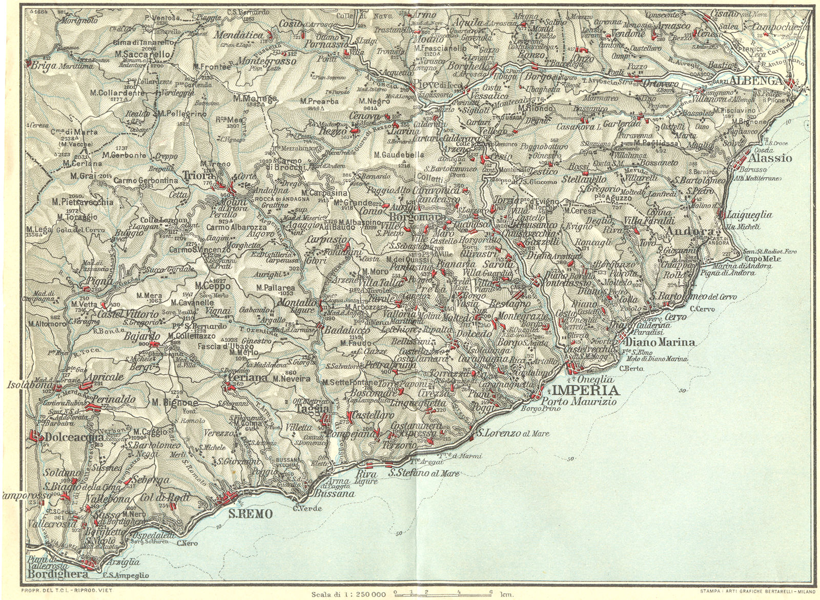 ITALIAN RIVIERA LIGURE PONENTE. Bordighera San Remo Porto Maurizio 1927 map