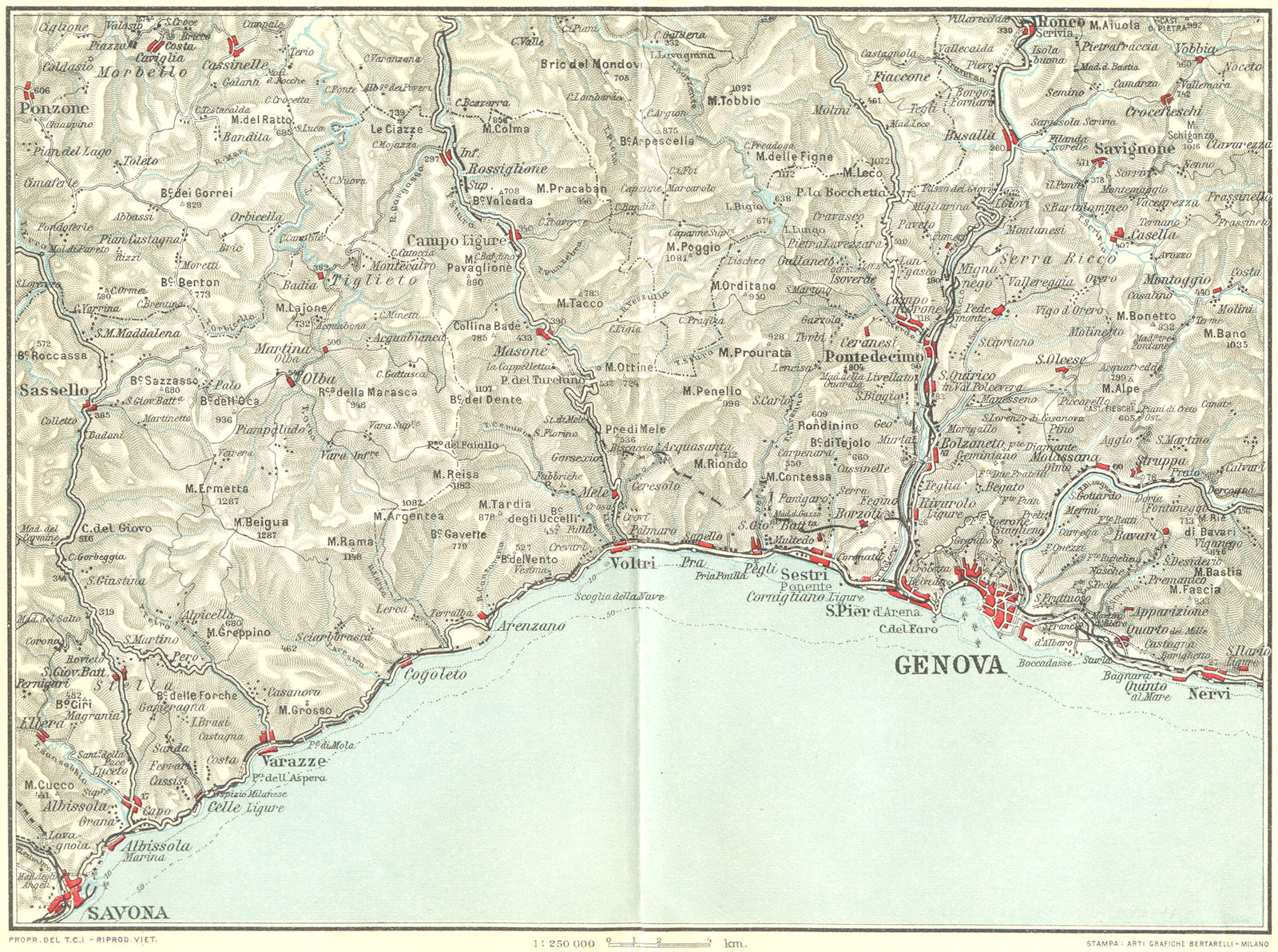 ITALIAN RIVIERA LIGURE PONENTE. Genova Genoa Savona Nervi Varazze 1927 old map