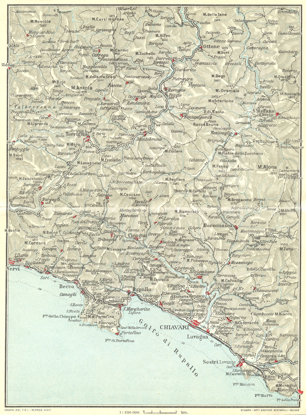 ITALIAN RIVIERA LIGURE LEVANTE.Portofino S Margherita Rapallo 1927 old map
