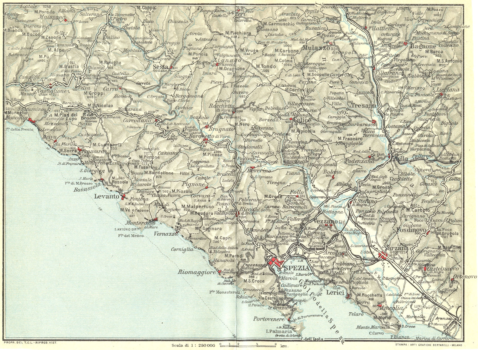 ITALIAN RIVIERA LIGURE LEVANTE. La Spezia Levanto Sarzana 1927 old vintage map