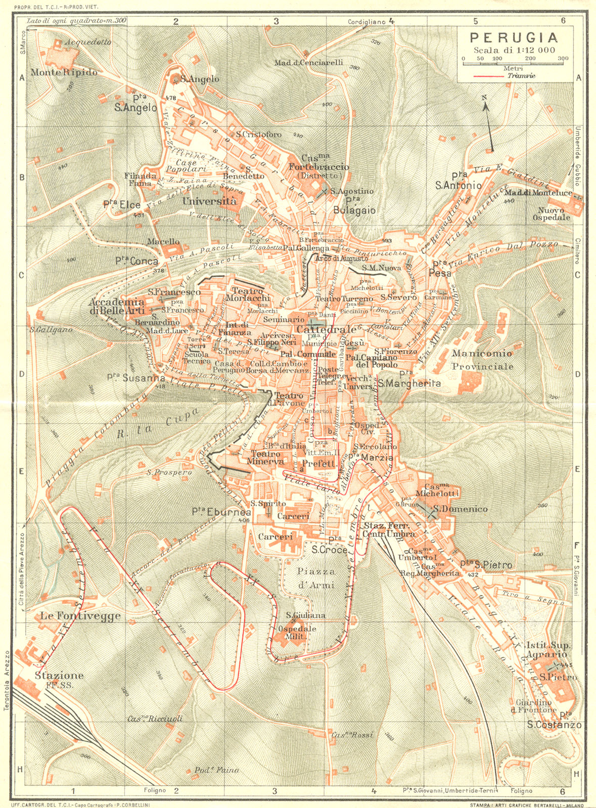 PERUGIA. Vintage town city map plan. Italy 1927 old vintage chart