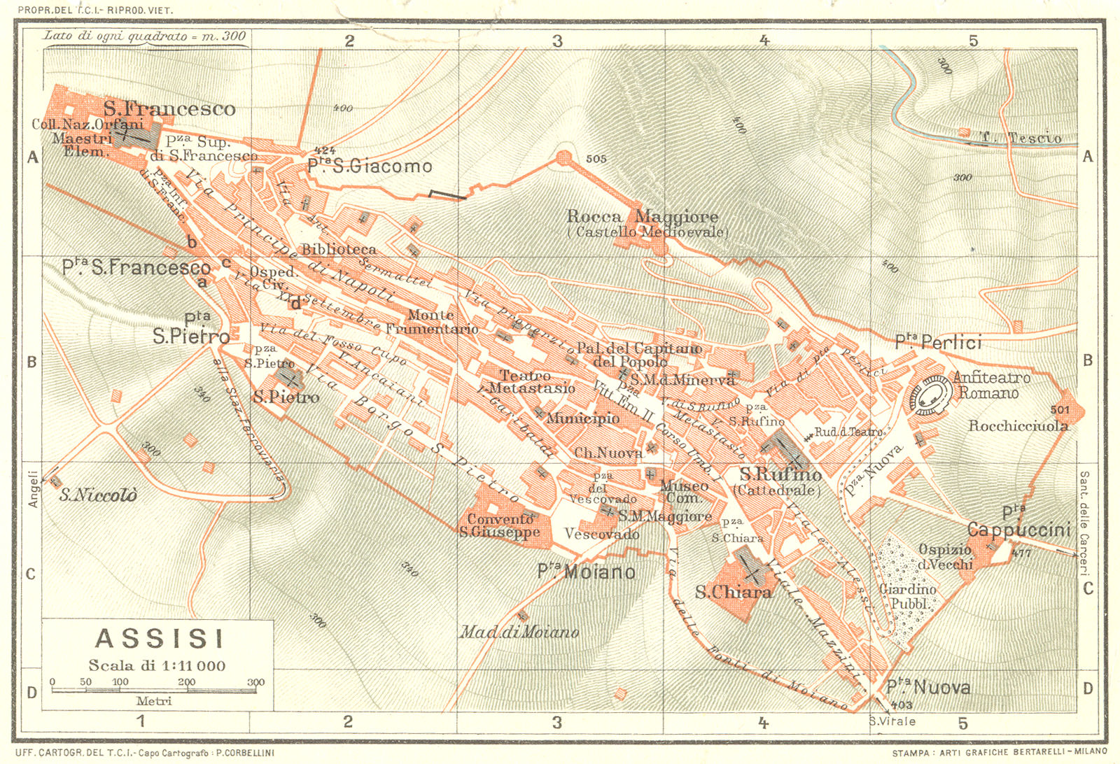 ASSISI. Vintage town city map plan. Italy 1927 old vintage chart