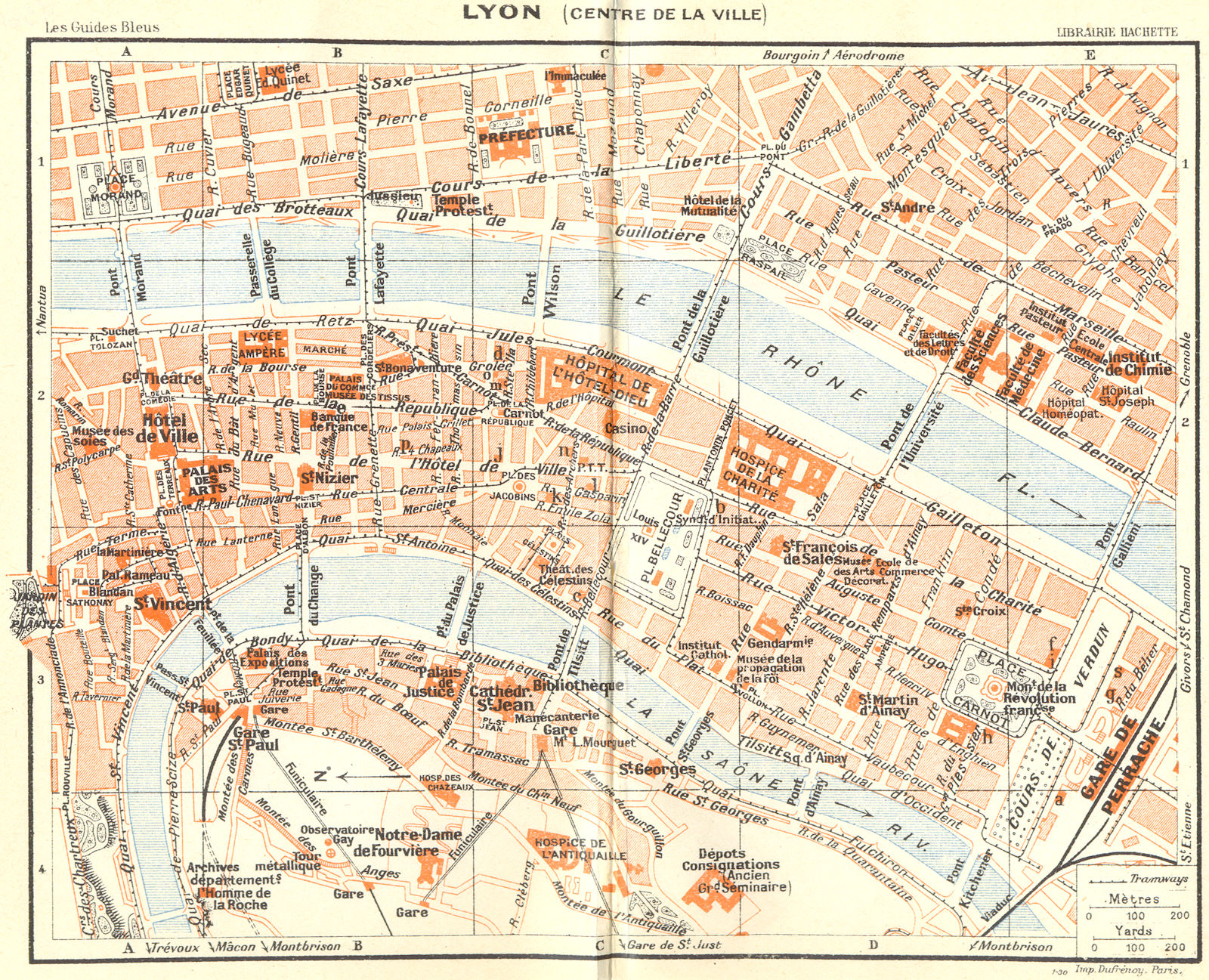 FRANCE. Lyon(Centre De La Ville) 1926 old vintage map plan chart