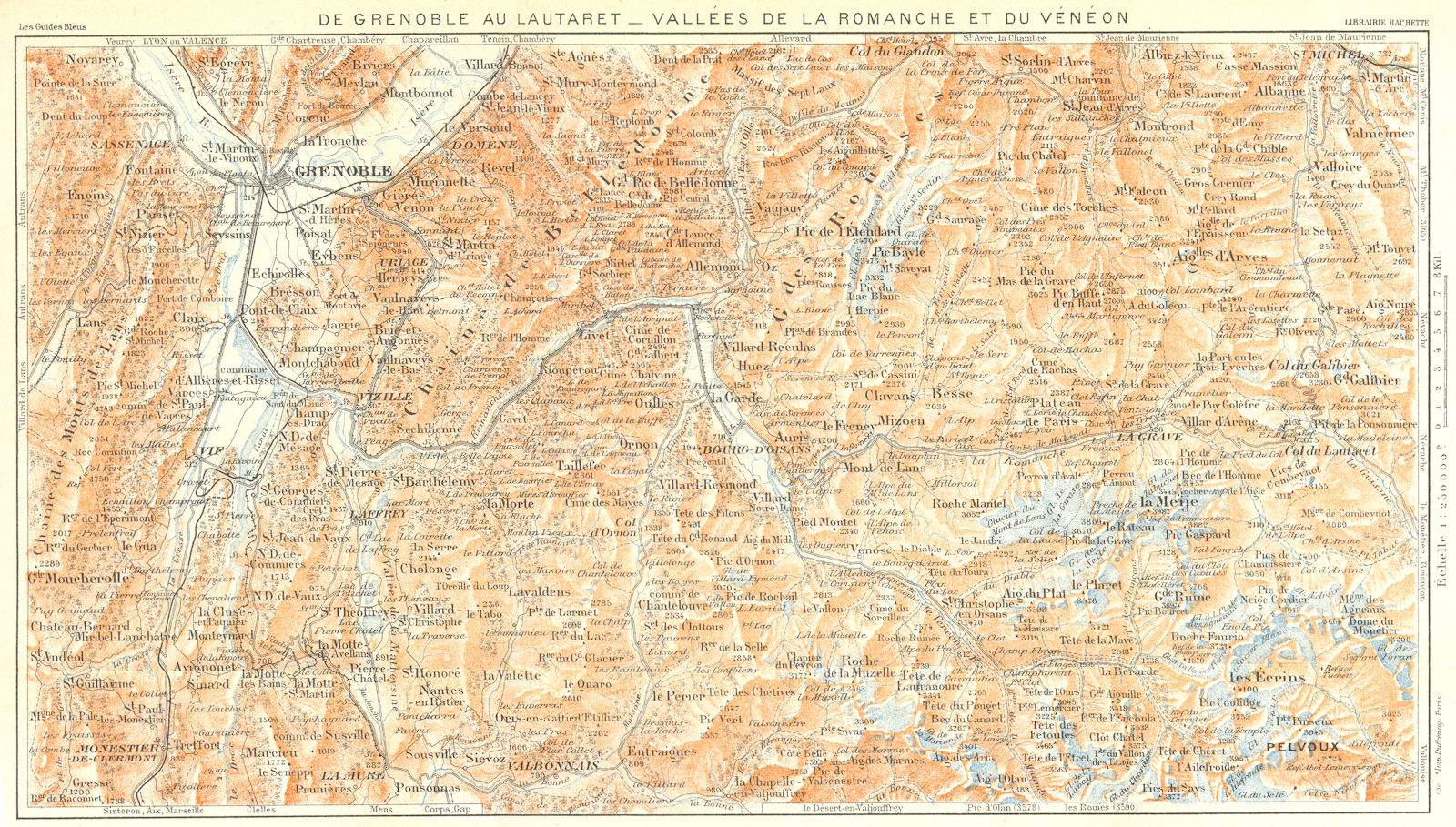GRENOBLE. Lautaret-Vallees Romanche Veneon 1926 old vintage map plan chart