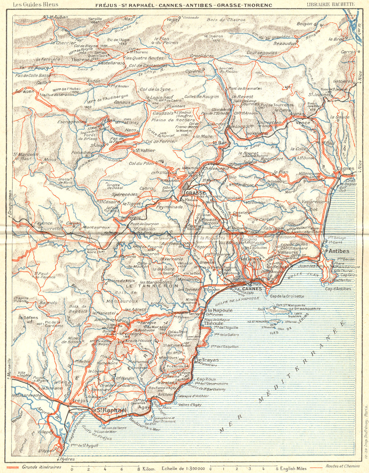 COTE D'AZUR. St Raphael-Cannes-Antibes-Grasse 1926 old vintage map plan chart