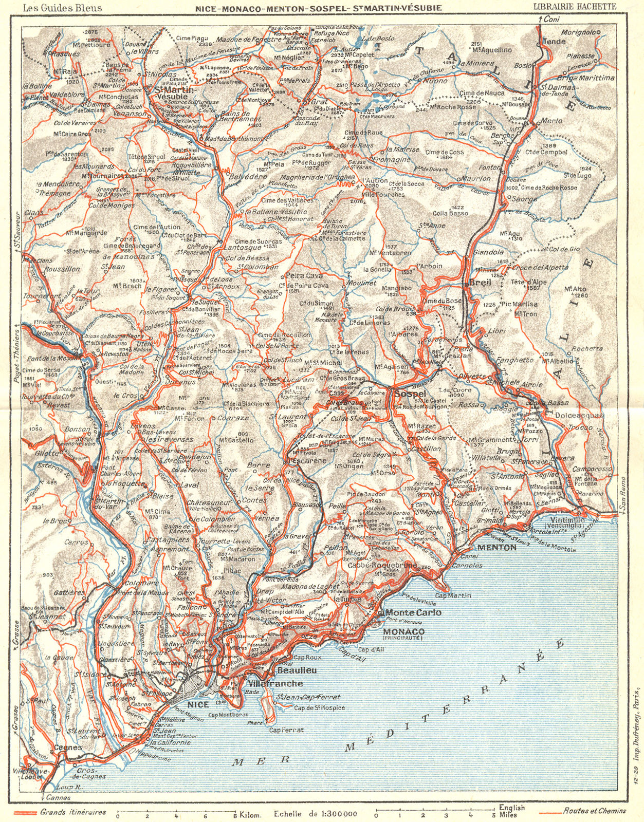 COTE D'AZUR. Nice Monaco Menton Vesubie 1926 old vintage map plan chart