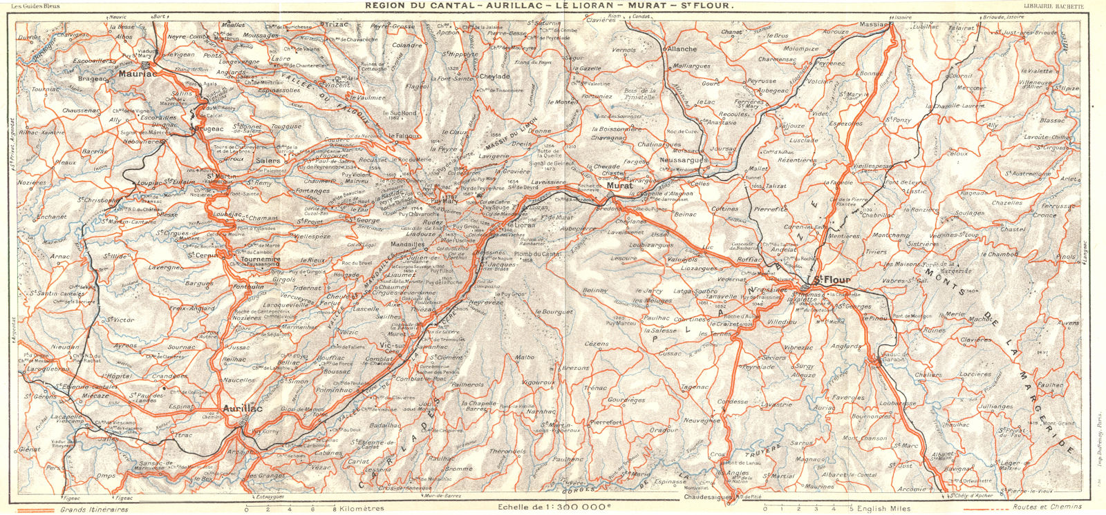 AUVERGNE. Cantal-Aurillac-Lelioran-St Flour 1926 old vintage map plan chart