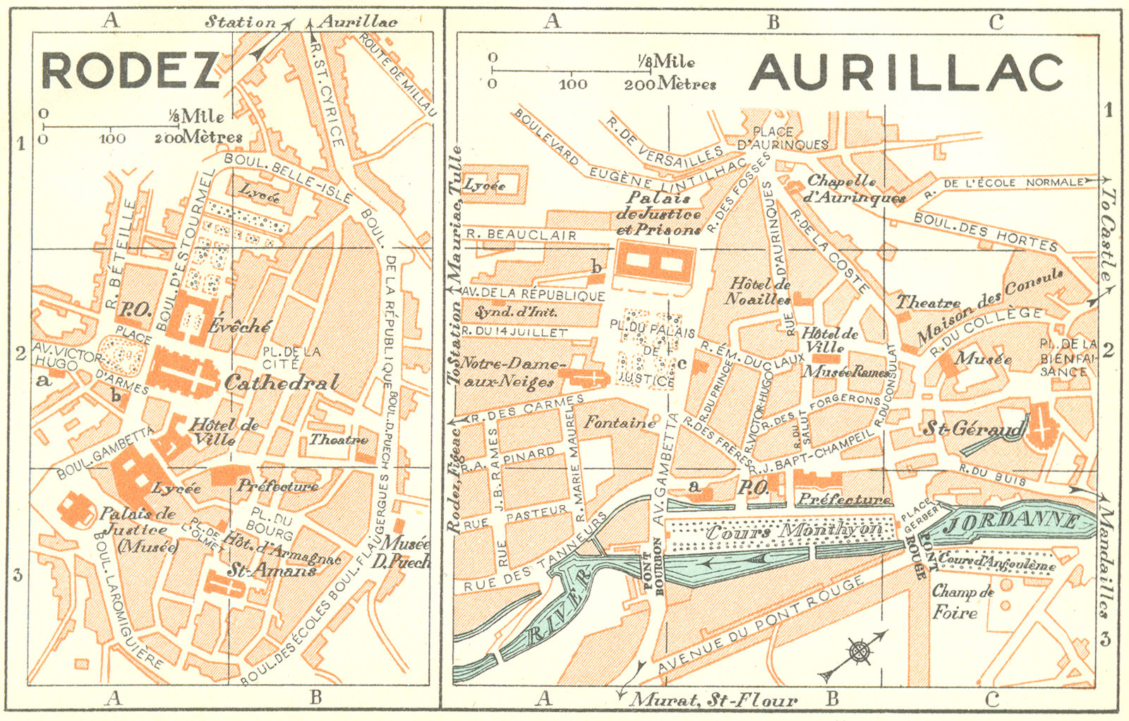 FRANCE. Rodez; Aurillac 1926 old vintage map plan chart