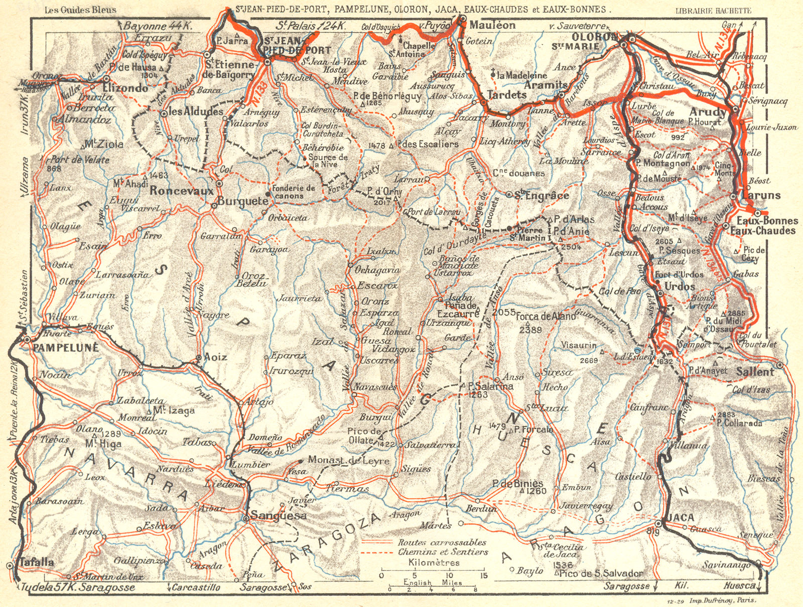 PYRENEES. St Jean Pied de Port, Pamplona, Oloron 1926 old vintage map chart