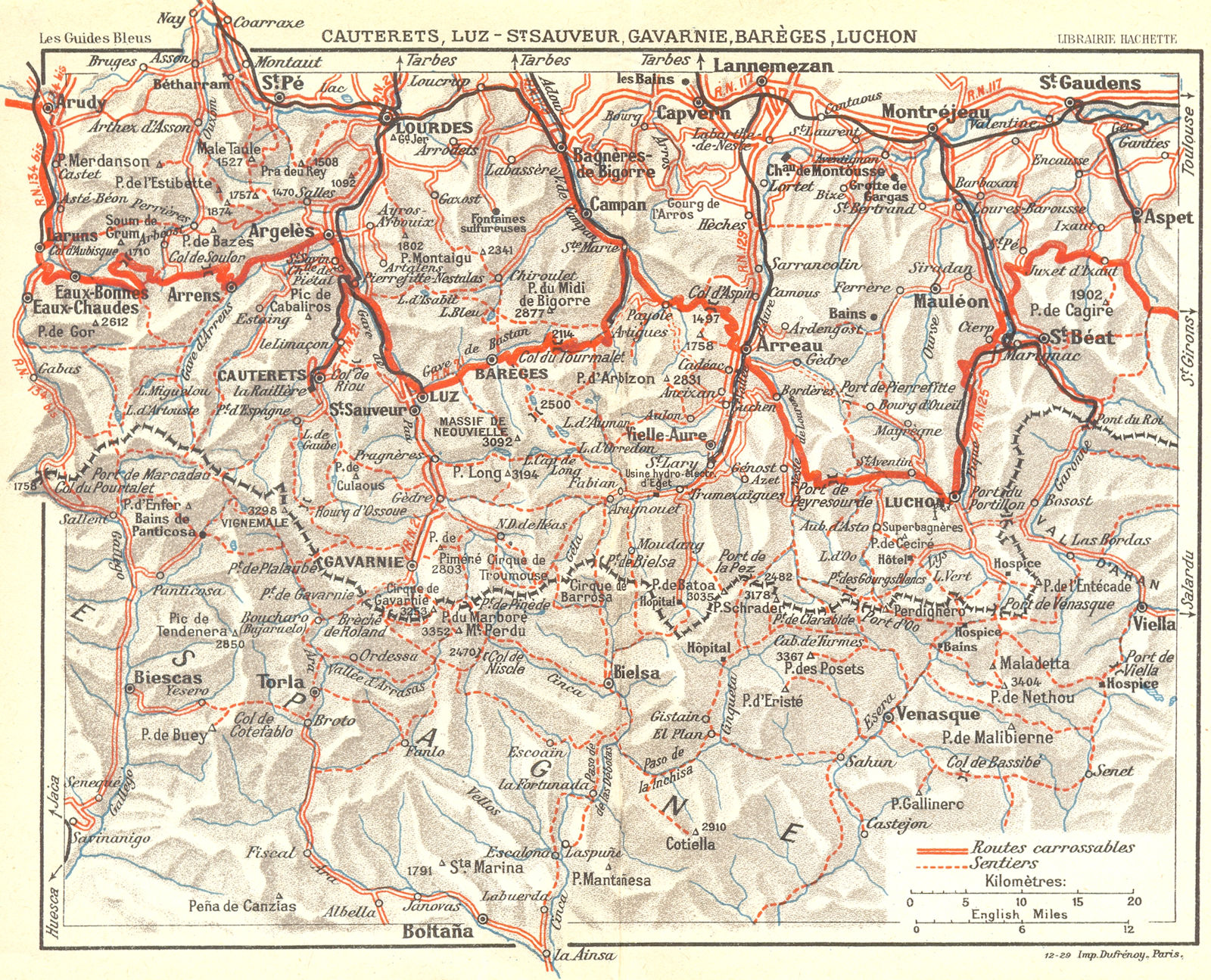 HAUTES-PYRENEES. Lourdes Cauterets, Luz, Gavarnie 1926 old vintage map chart