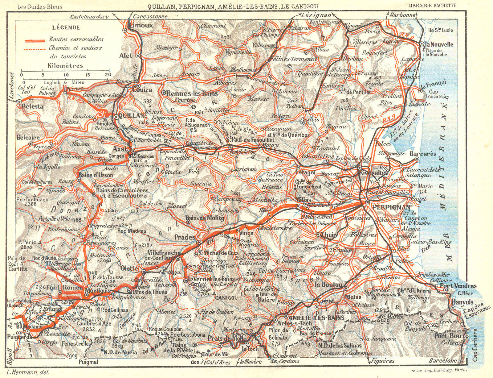 PERPIGNAN. Quillan, Amelie-Bains, Le Canigou 1926 old vintage map plan chart