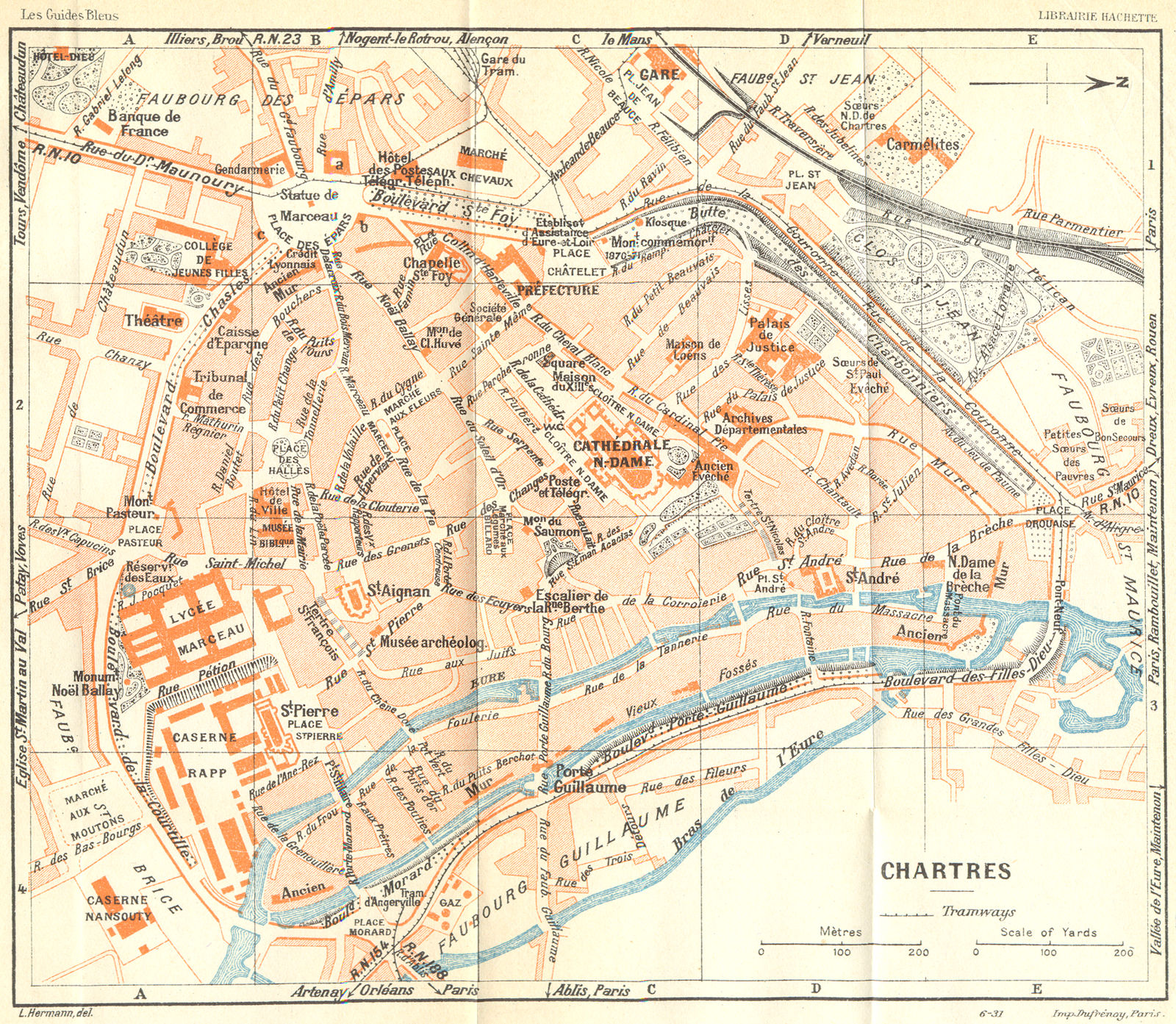 FRANCE. Chartres 1932 old vintage map plan
