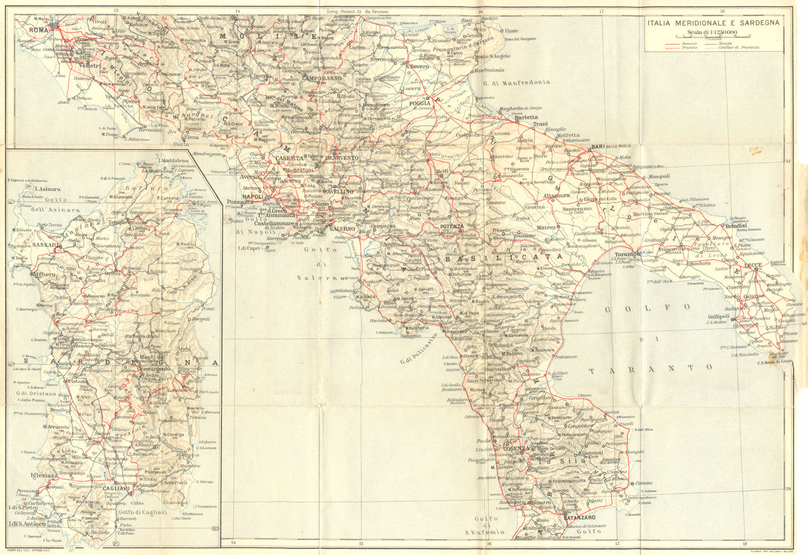 ITALY. Italia Meridionale E Sardegna Sardinia 1925 old vintage map plan chart